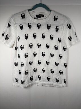 Skull Cashmere 100% Cotton White Short-Sleeve Tee with Black Skull Pattern
